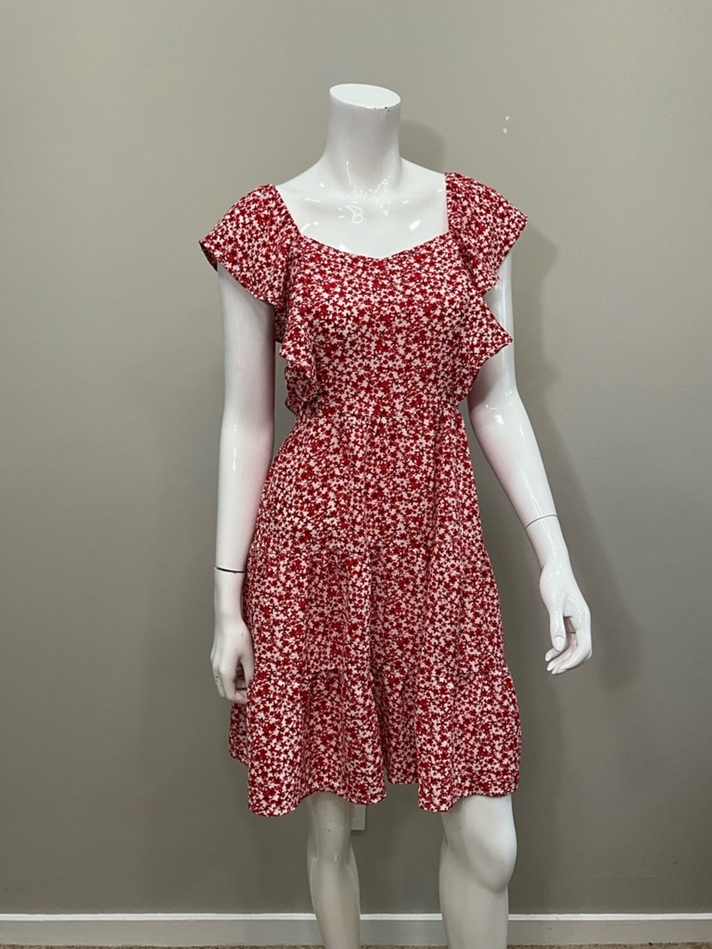 MONTEAU LOS ANGELES Red Floral Mini Dress Ruffle Sleeve Cottagecore Spring S